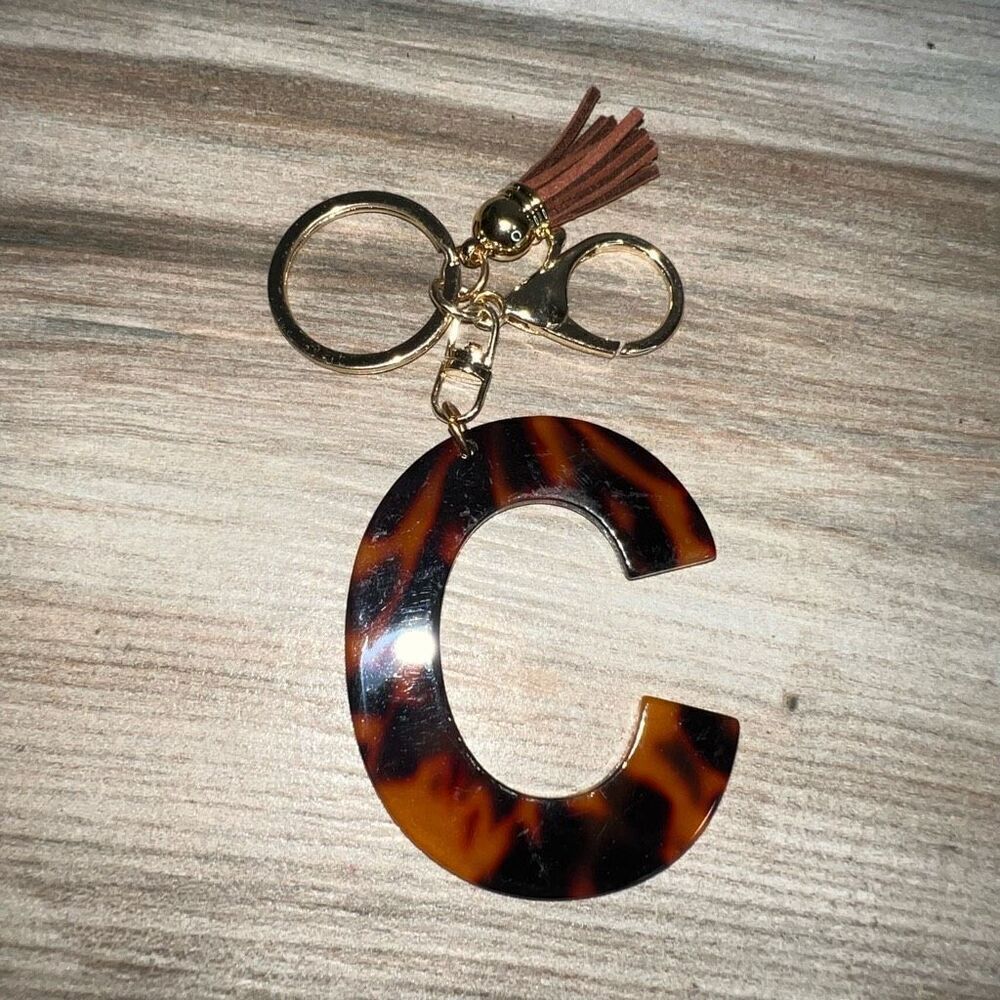Monogrammed Acrylic Cutout Keychain Initial C Tasseled Tortoise/Gold Tone Classy